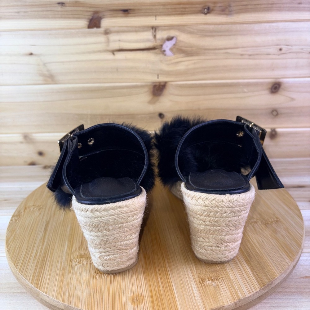 Espadrille Wedge Heels Womens 9 Black Faux Leather Pointed Toe Faux Fur Sandals - Picture 3 of 12
